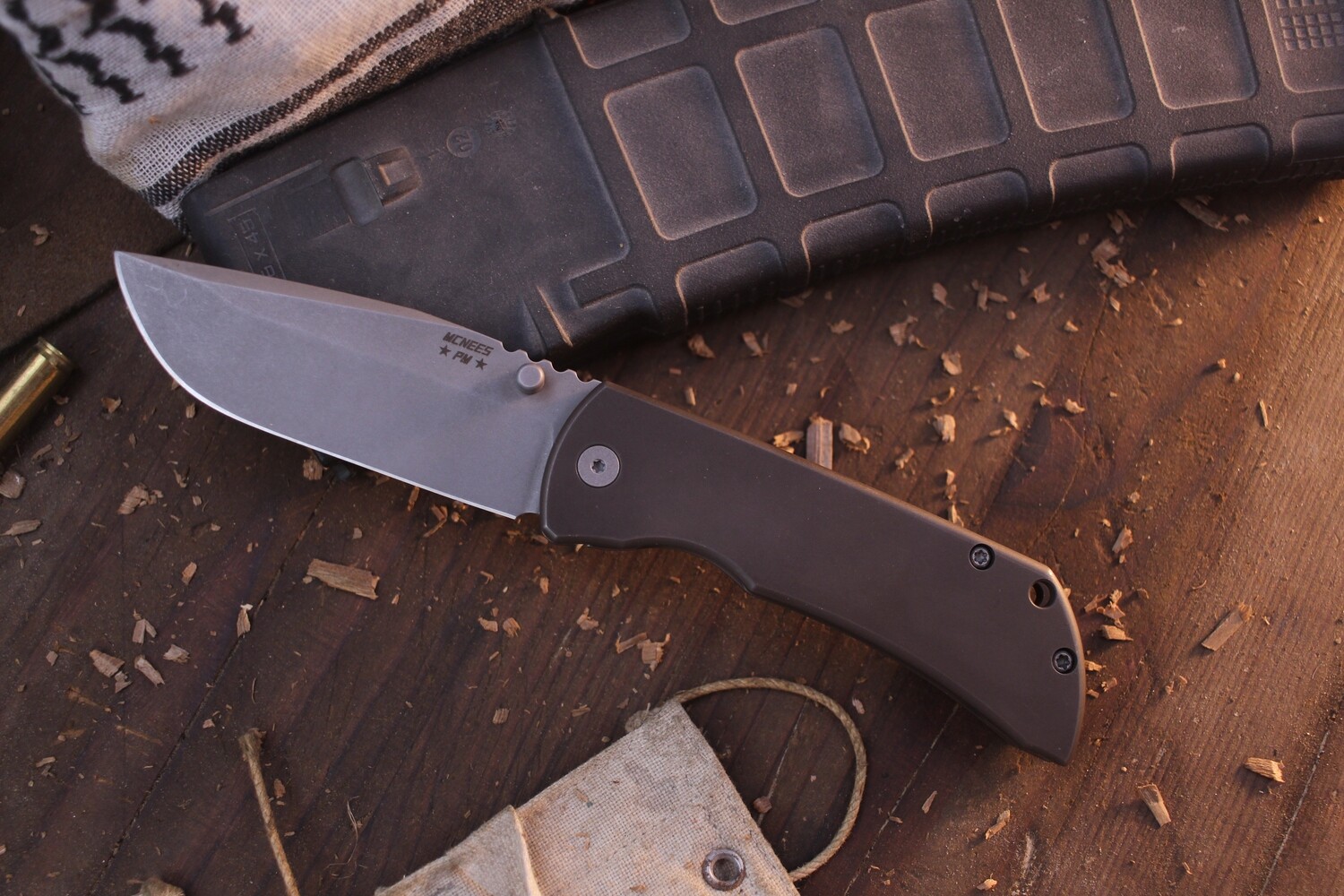 Mcnees Custom Knives Mac 2 3.5&quot; Framelock Folder / Stonewashed Bronzed Titanium / Stonewashed Magnacut ( Pre Owned )
