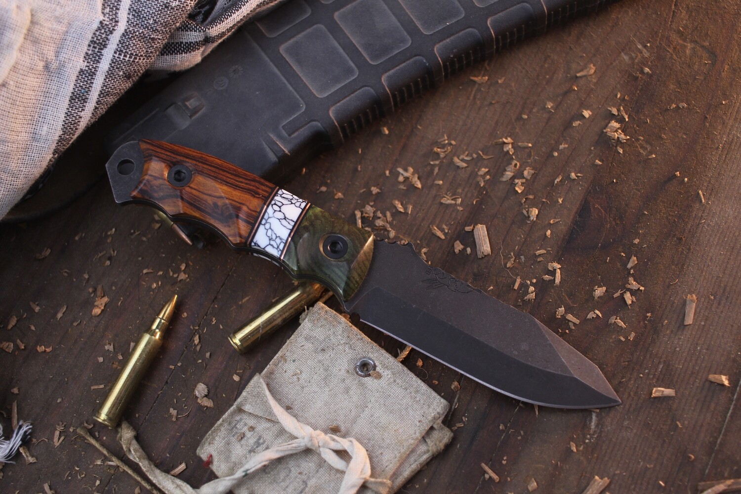Half Face Blade Disaster Jr. 3.75” Fixed Blade / Redwood &amp; Ironwood Scales With White Tru-Stone Spacer / Acid Washed CPM-3V