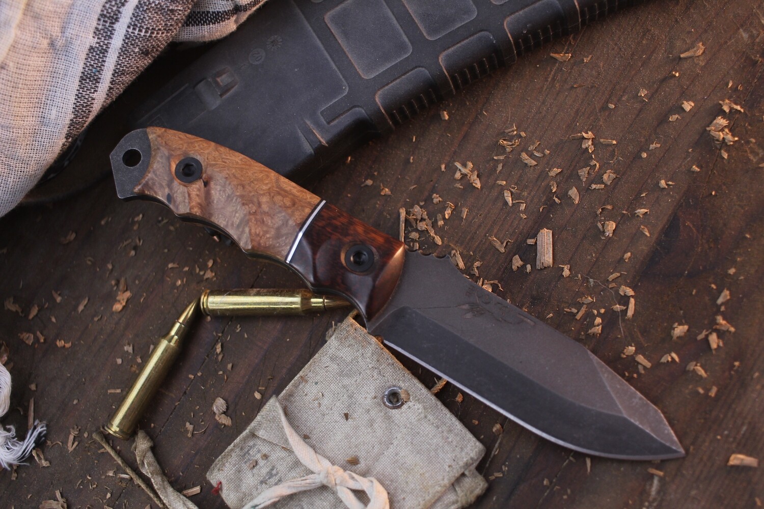 Half Face Blade Disaster Jr. 3.75” Fixed Blade / Desert Ironwood &amp; Weru Scales With Aluminum Spacer / Acid Washed CPM-3V