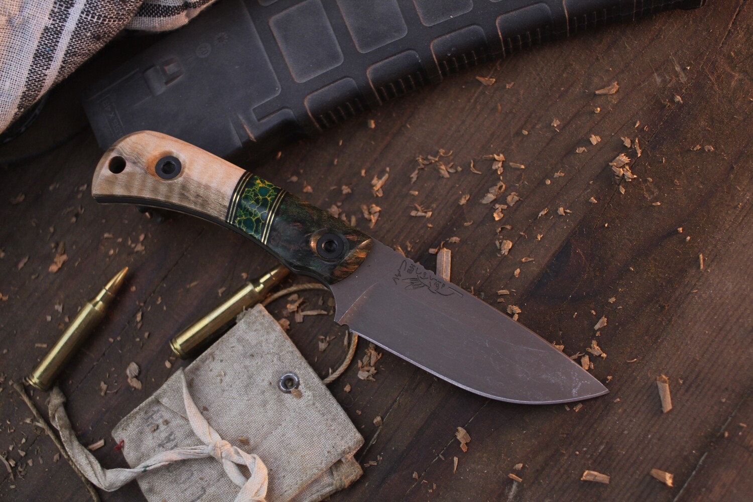 Half Face Blade Cav Jr. 3.5&quot; Fixed Blade / Redwood &amp; Mango Scales With Arizon Jade Tru-Stone Spacer / Acid Washed MagnaCut