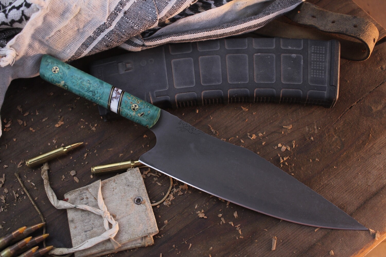 Half Face Blade 8&quot; Chef Knife / Box Elder Burl Split By Copper Web Tru-Stone / Acid Wash S45VN ( Pre Owned )