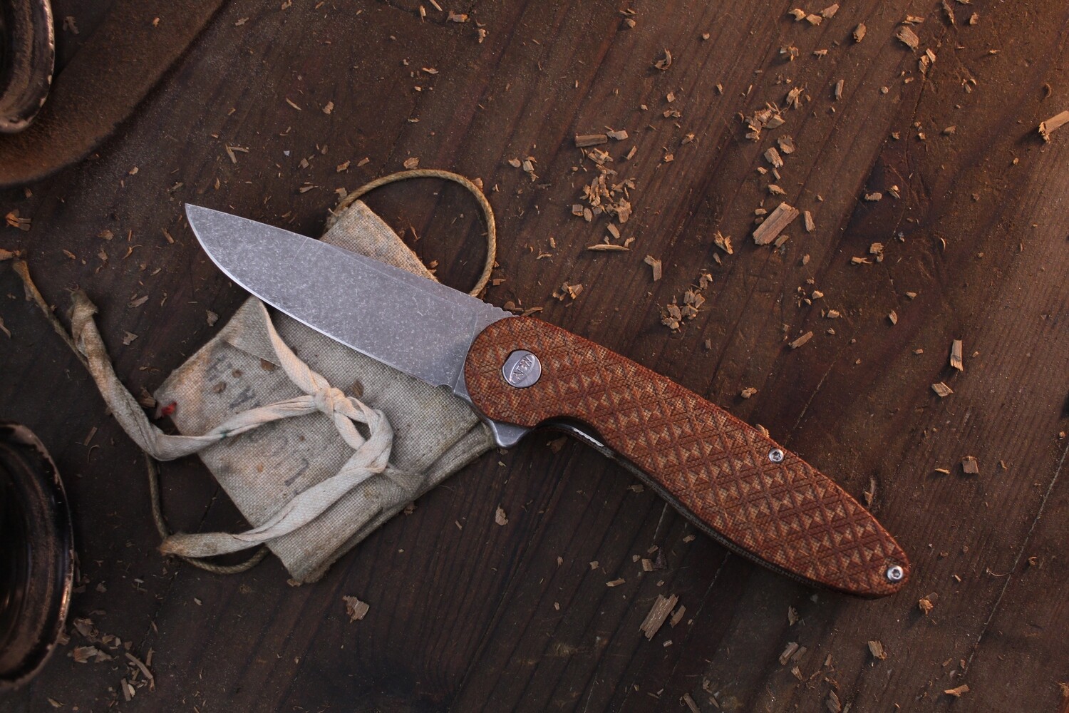 American Blade Works Model 1 3.25&quot; Linerlock Flipper / Natural 3D Machined Micarta / Acid Washed 20CV ( Pre Owned )