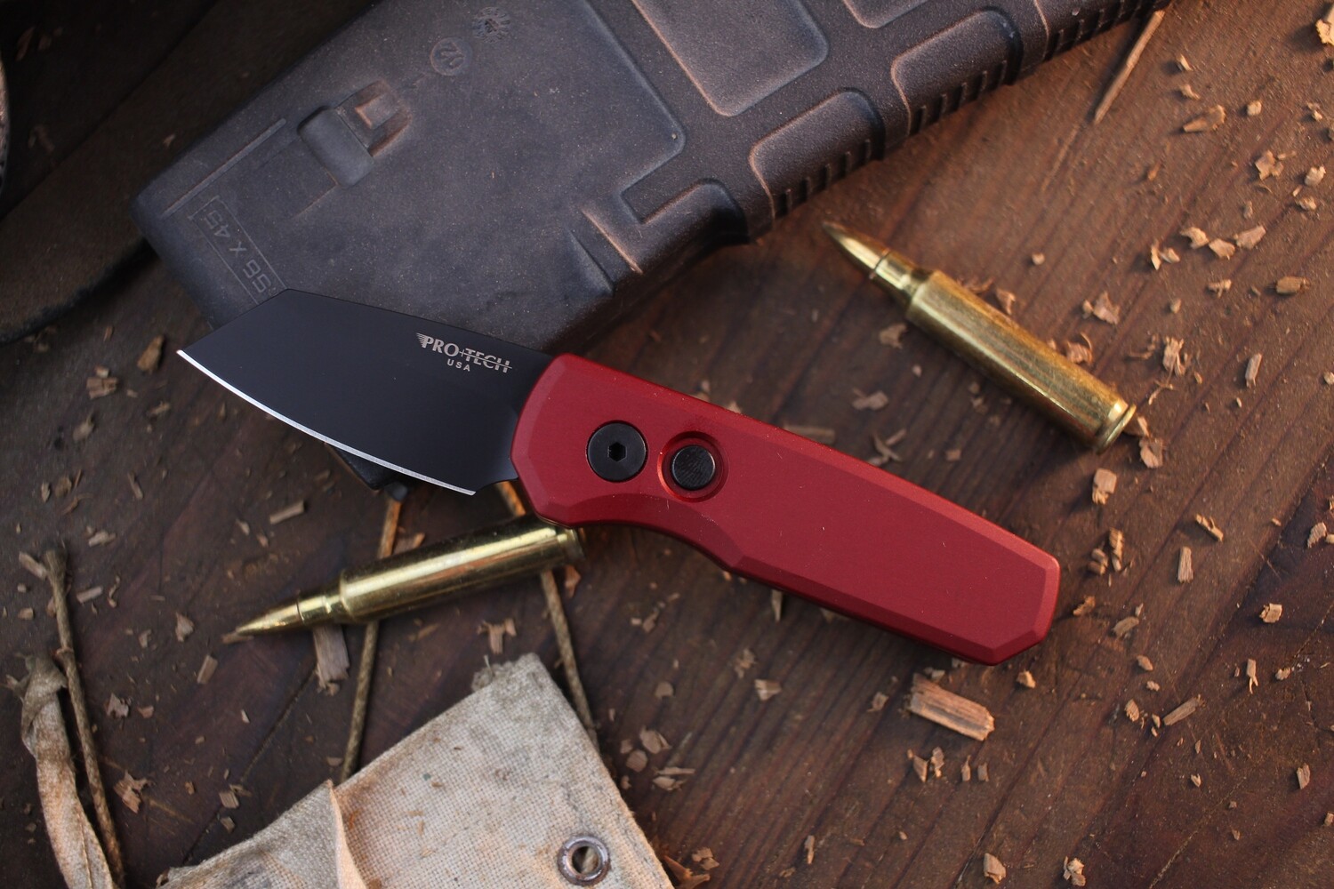 Pro-Tech Runt 5 1.94” Reverse Tanto Auto Buttonlock Folder / Red Aluminum / Black DLC Magnacut