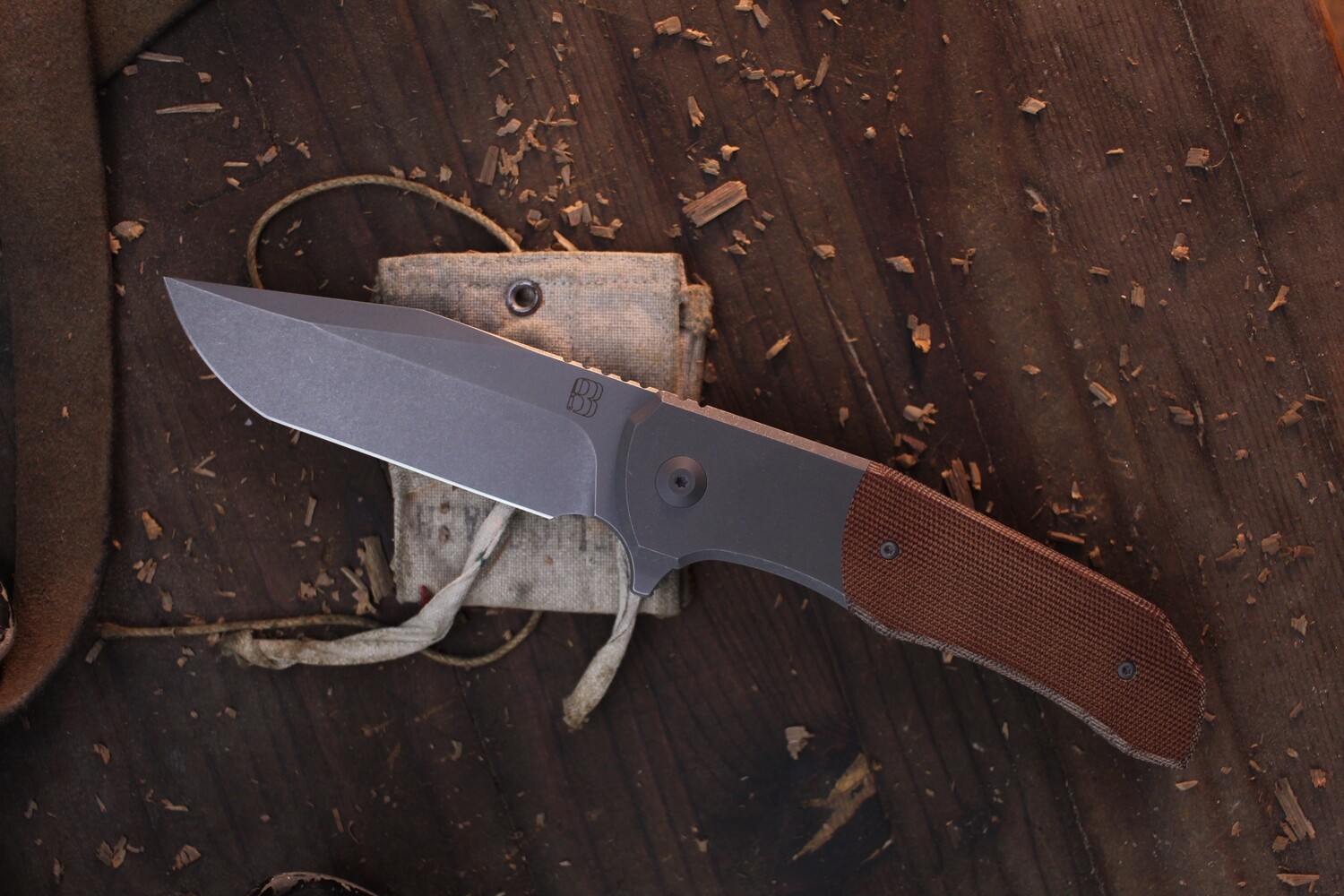 Berg Blades Production Ironwolf 3.75&quot; Folding Knife / Titanium &amp; Natural Micarta / Stonewashed 20CV ( Pre Owned )