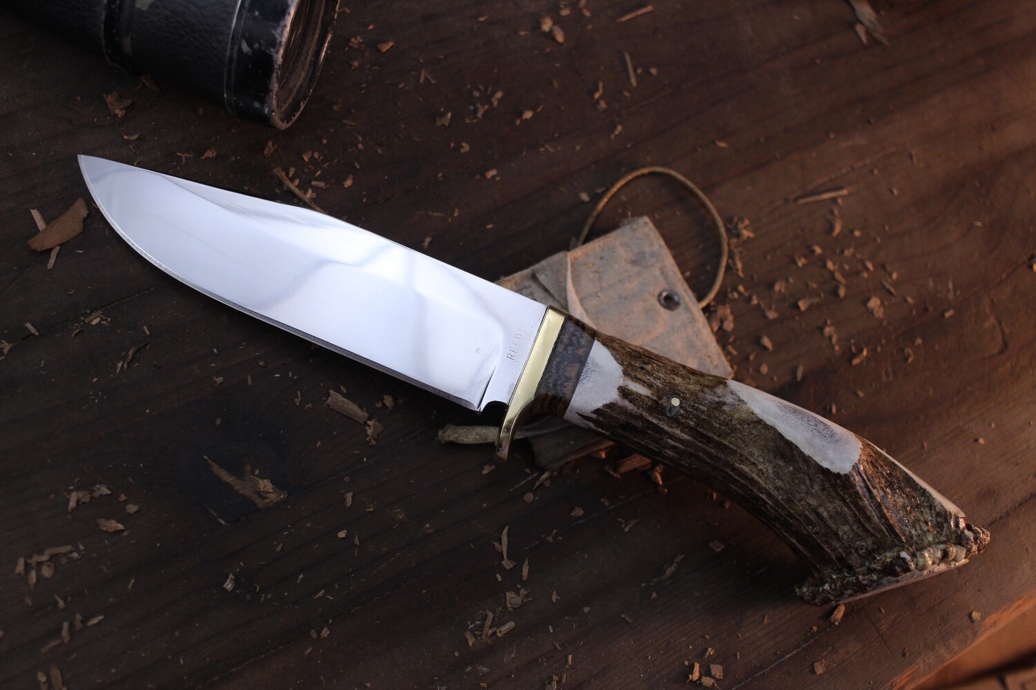 David Reed Backwoods Hunter 6&quot; Fixed Blade / Elk Antler &amp; Brass Single Guard / Satin D2