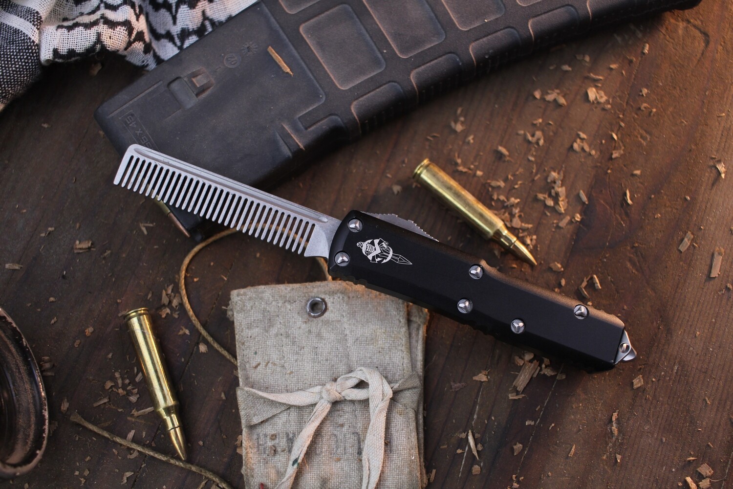 Microtech Marfione Custom 3&quot; Auto OTF Beard Comb / Black Anodized Aluminum / Stonewashed ( Pre Owned )