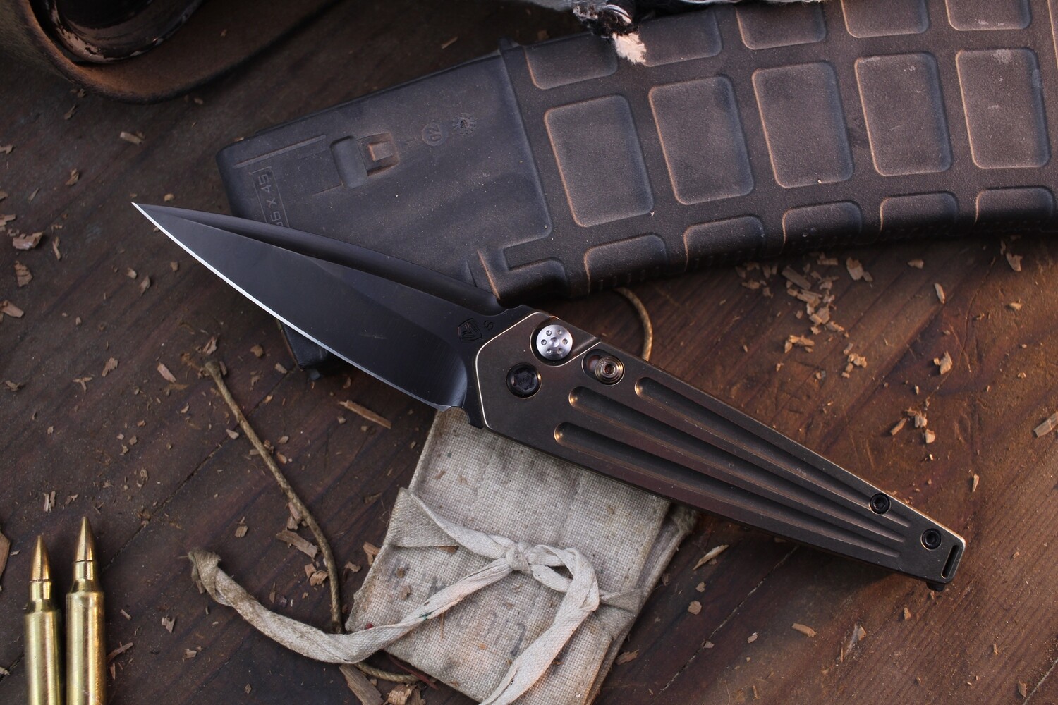 Medford Knife &amp; Tool Nosferatu 3.5&quot; Plungelock Auto / Bronzed Ti &amp; Saftey With PVD Hardware / PVD S35VN ( Pre Owned )