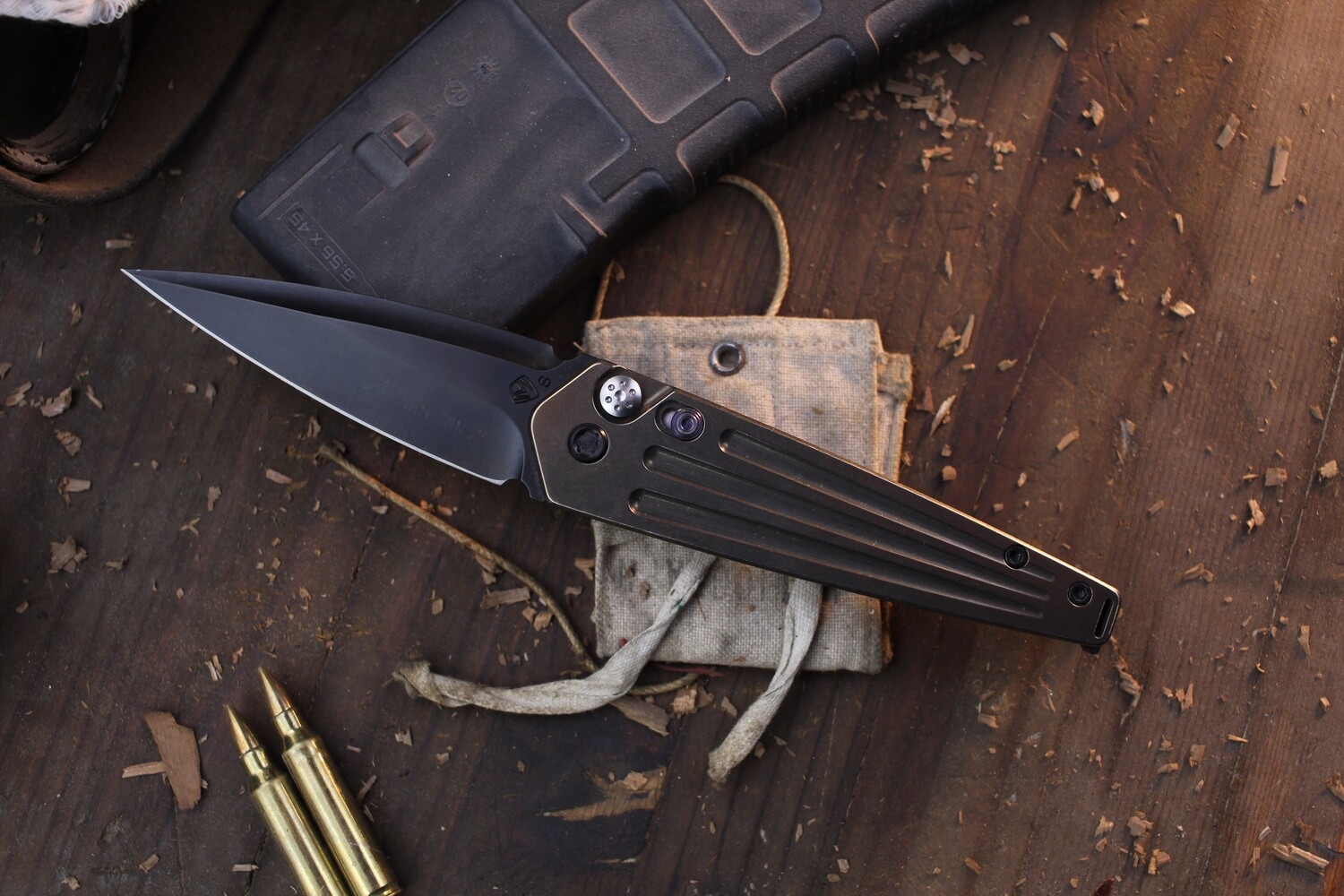 Medford Knife &amp; Tool Nosferatu 3.5&quot; PlungeLock Auto / Bronze Ti &amp; PVD Hardware With Flamed Safety / PVD S35VN ( Pre Owned )