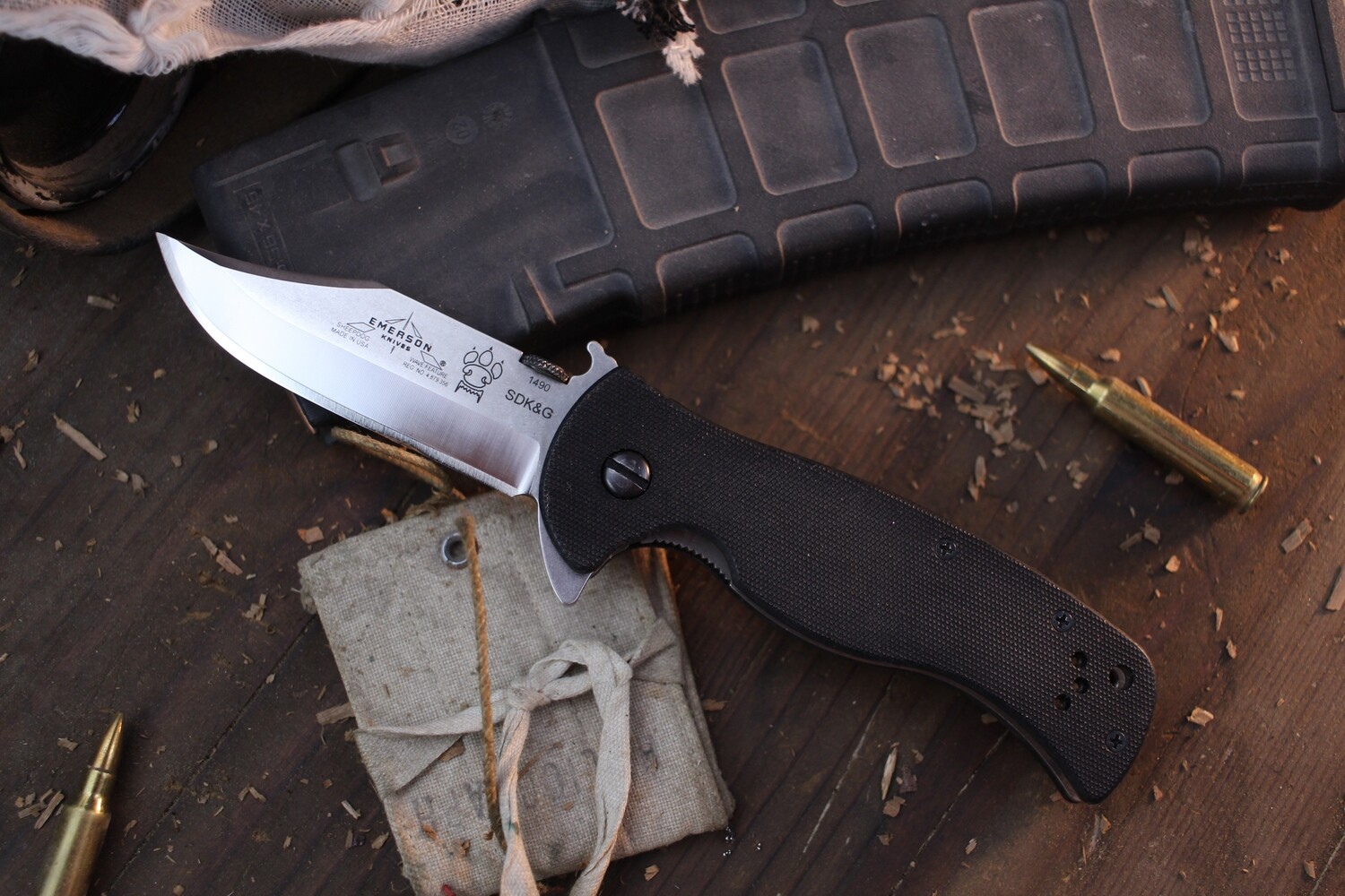 Emerson Rangemaster Sheepdog 3.5&quot; Wave Hook Bowie Flipper / Black G10 / Stonewash Serrated 154CM ( Pre Owned )