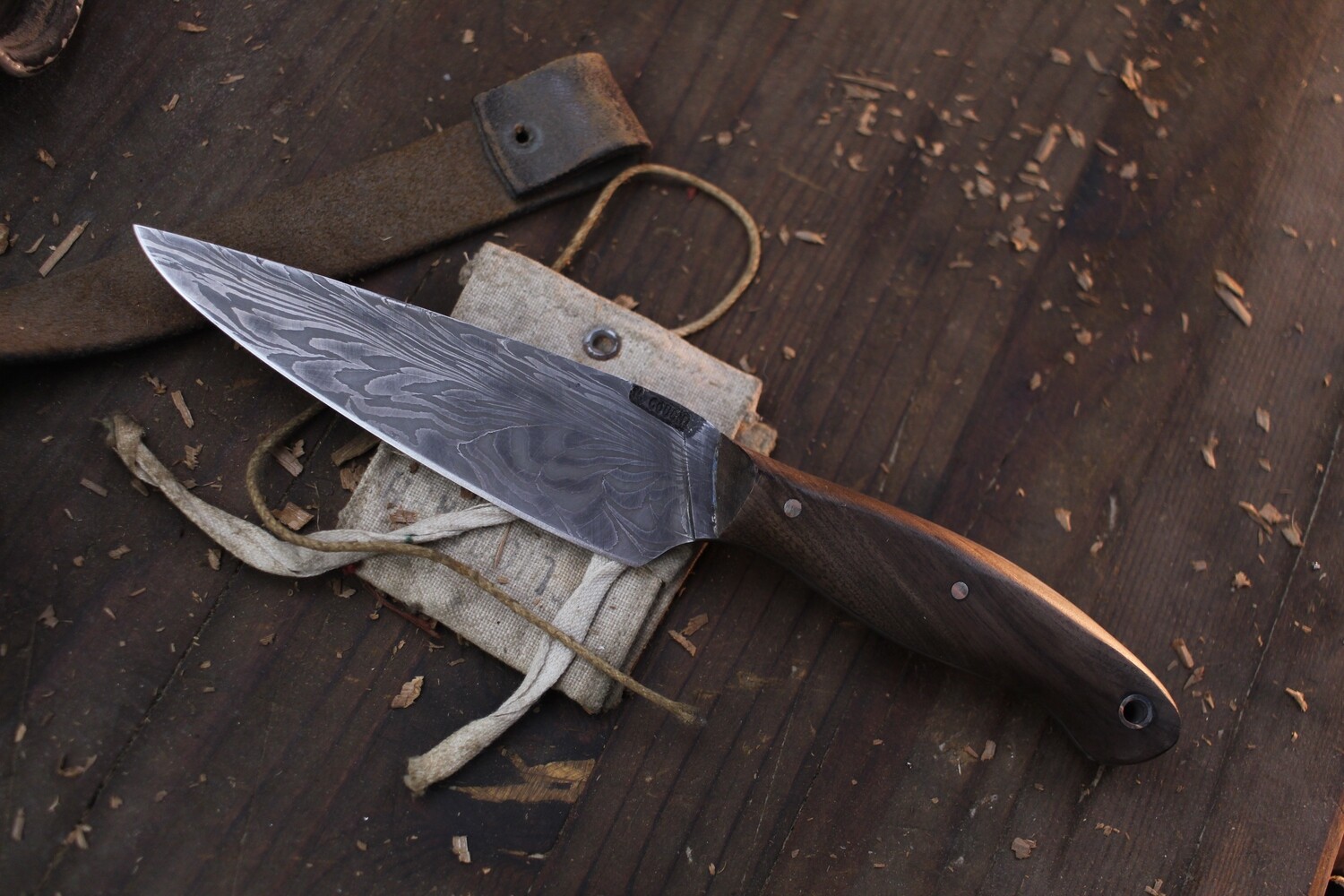 Mark Couch 4.5”  Drop Point Hunter / Walnut / Alaskan Forged Feather Damascus
