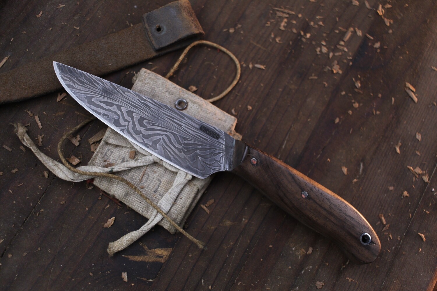 Mark Couch 4.25”  Drop Point Hunter / Walnut / Alaskan Forged Feather Damascus