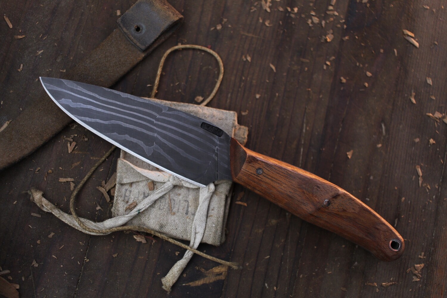 Mark Couch 4.5” Drop Point Hunter / Canary Wood / Alaskan Forged Wave Damascus