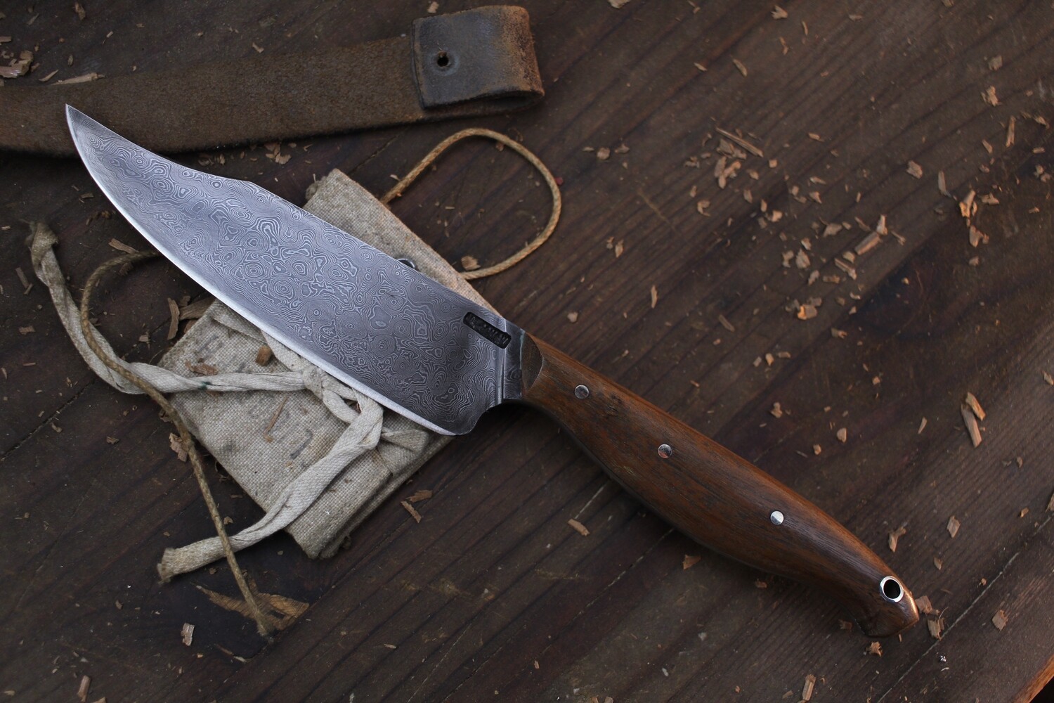 Mark Couch Woodsman 5” Clip Point  / Walnut / Alaskan Forged Damascus