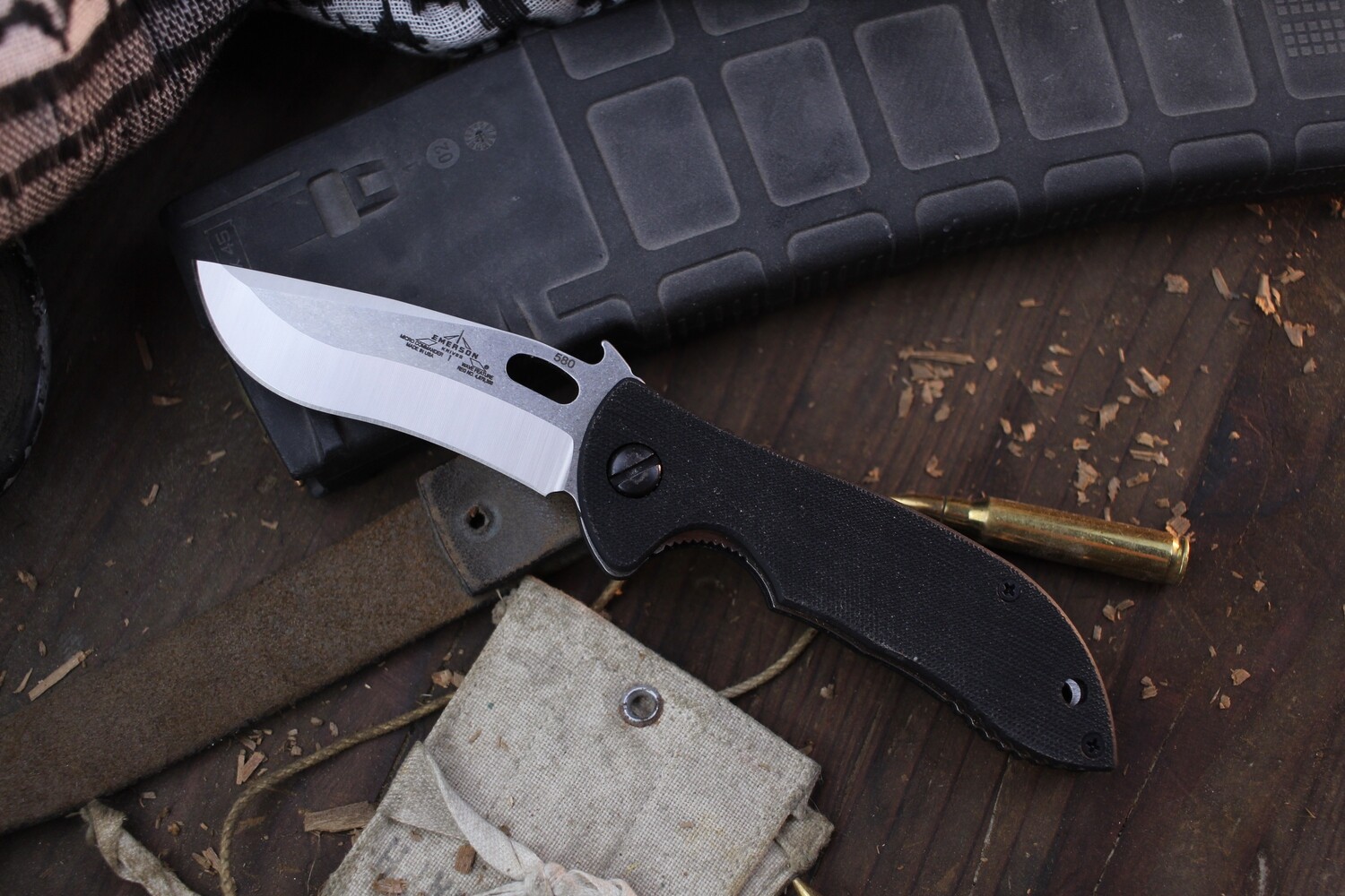 Emerson Mini Commander SF 2.9&quot; Wave Hooked Folder / Black G10 / Plain Stonewash 154CM ( Pre Owned )