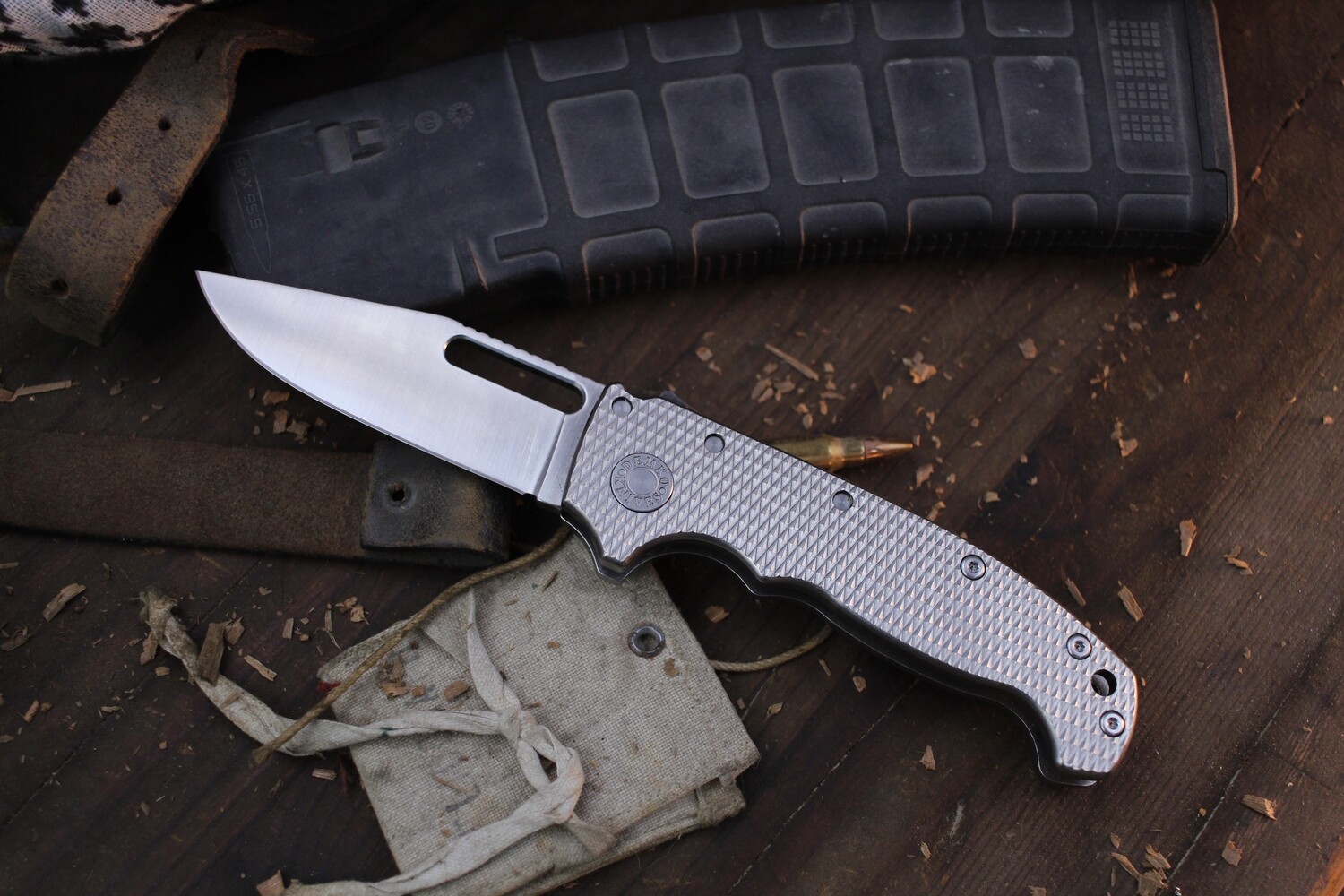 Demko Knives Custom AD20 3.7&quot; Shark Lock Folder / Textured Titanium / Custom Ground 3V ( Pre Owned )