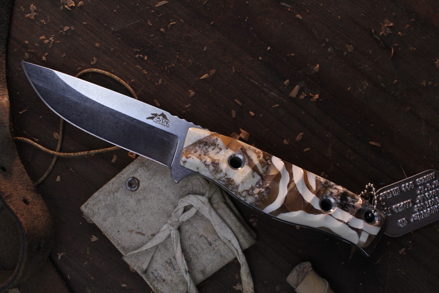 3DK MAK 4&quot; Fixed Drop Point, M390 Blade / Composite Walrus Ivory &amp; Amber Resin