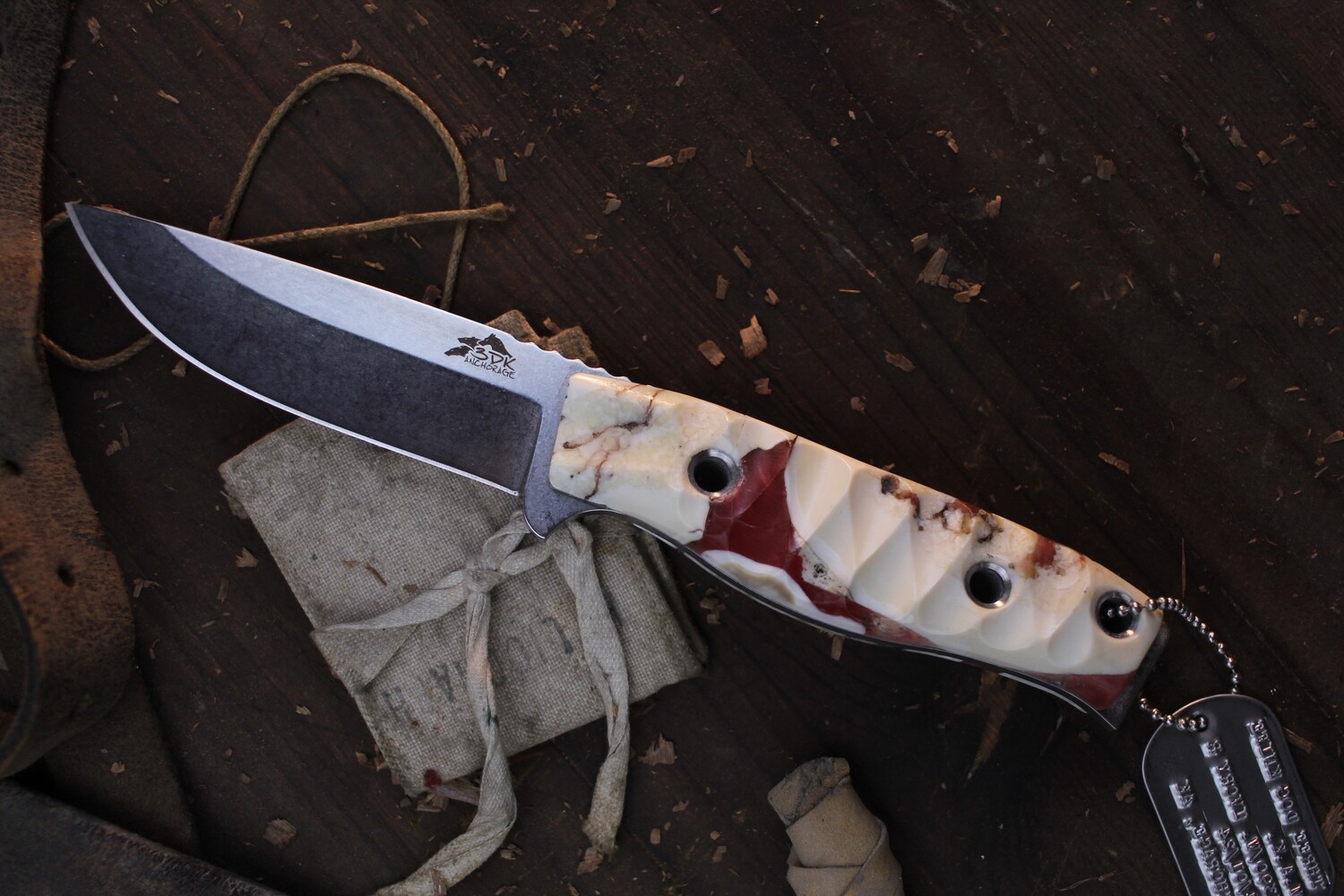 3DK MAK 4&quot; Fixed Drop Point, K110 Blade / Composite Walrus Ivory &amp; Mercury Red Resin