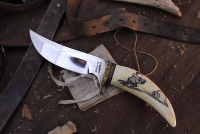 Gil Hibben #10 Fur Rondy 40th Anniversary 4&quot; Clip Point Hunter / Scrimshawed Arctic Sperm Whale Tooth / Polished 154CM