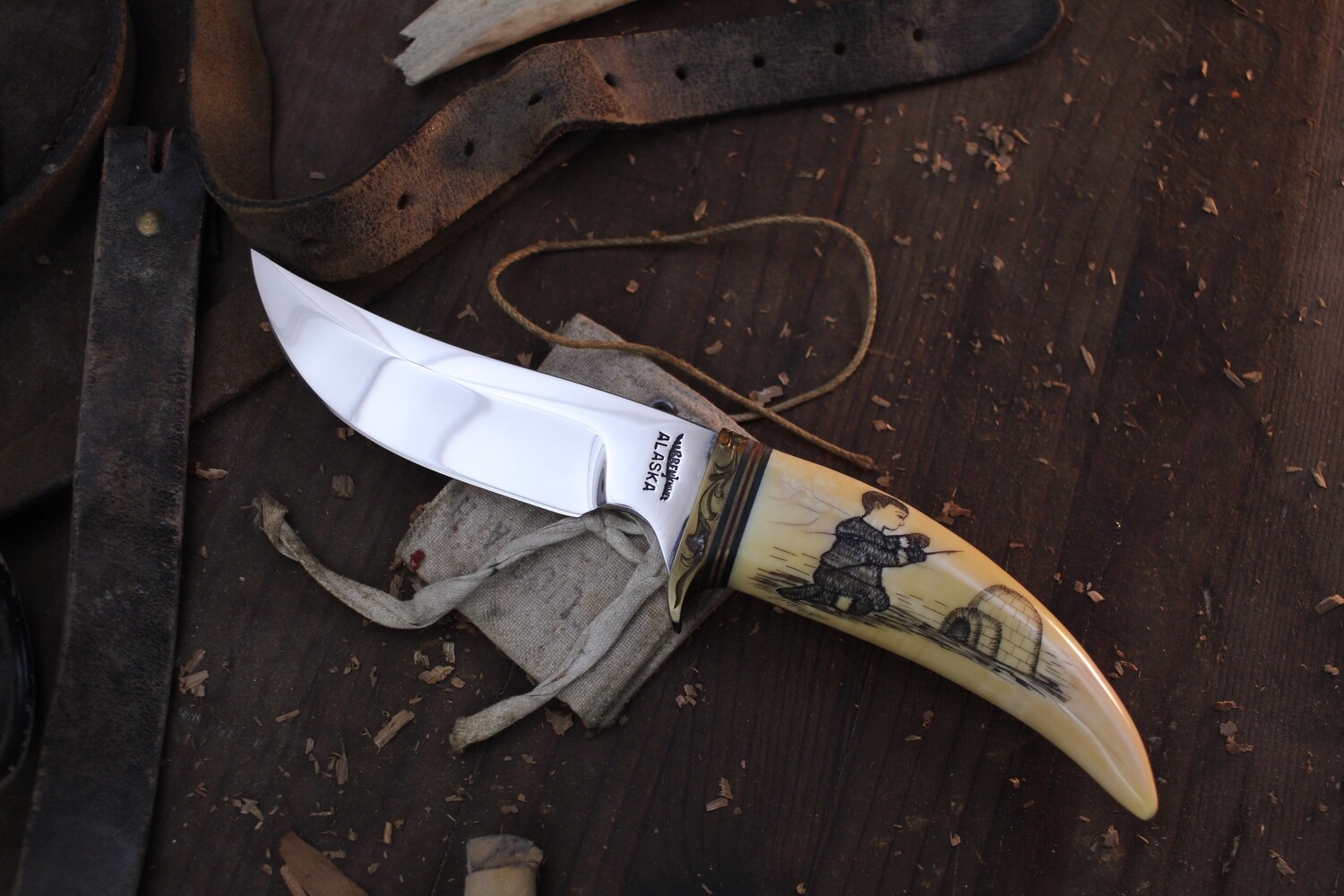 Gil Hibben #49 Fur Rondy 40th Anniversary 4&quot; Clip Point Hunter / Scrimshawed Arctic Sperm Whale Tooth / Polished 154CM