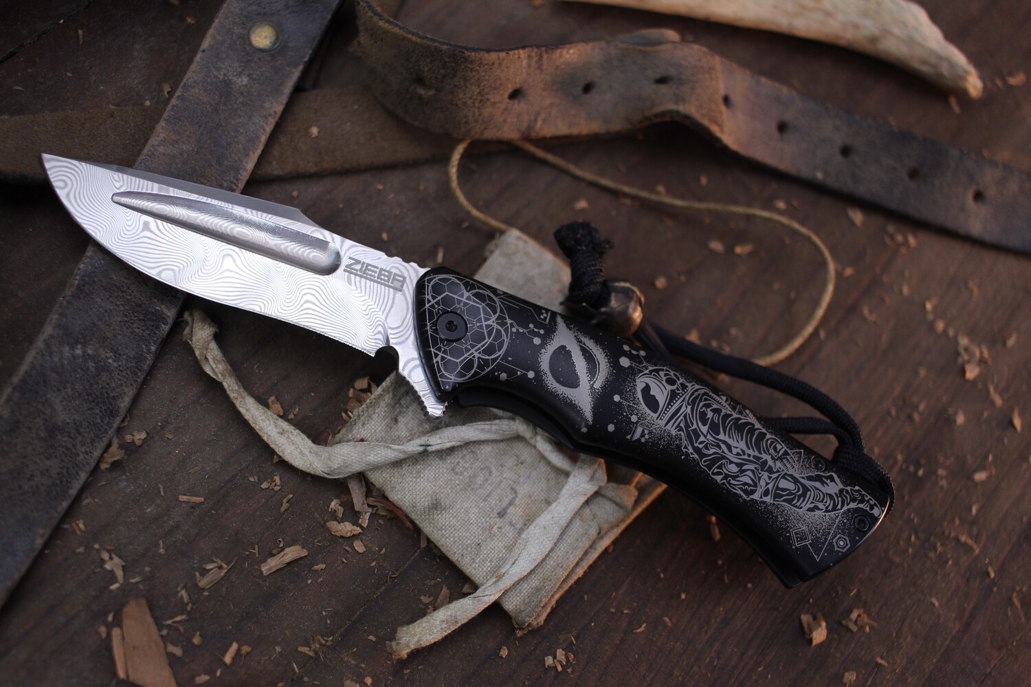 Michael Zieba S5 Southern Star 3.5&quot; Framelock Flipper / Curved Engraved DLC Titanium / Damasteel ( Pre Owned )
