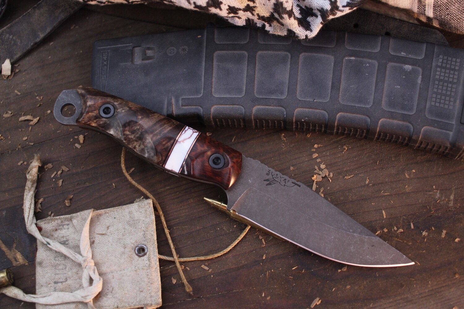 Half Face Blade Crow Jr. 4&quot; Fixed Blade / Snakewood &amp; Black Walnut With Tru-Stone Split / Acid Washed Magnacut