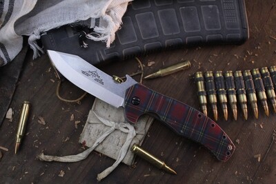 Emerson Limited Edition CSF SF 3.8&quot; Wavehook Folder / Tartan G-10 &amp; Brass Casing Thumb Disk / Stonewashed 154Cm ( Pre Owned )