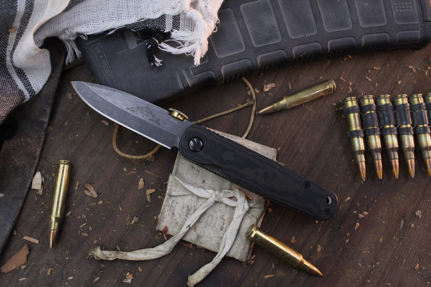 Emerson Mini A-100 TF 3&quot; Linerlock Front Flipper / Black Richlite / Thunderstorm 154CM ( Pre Owned )