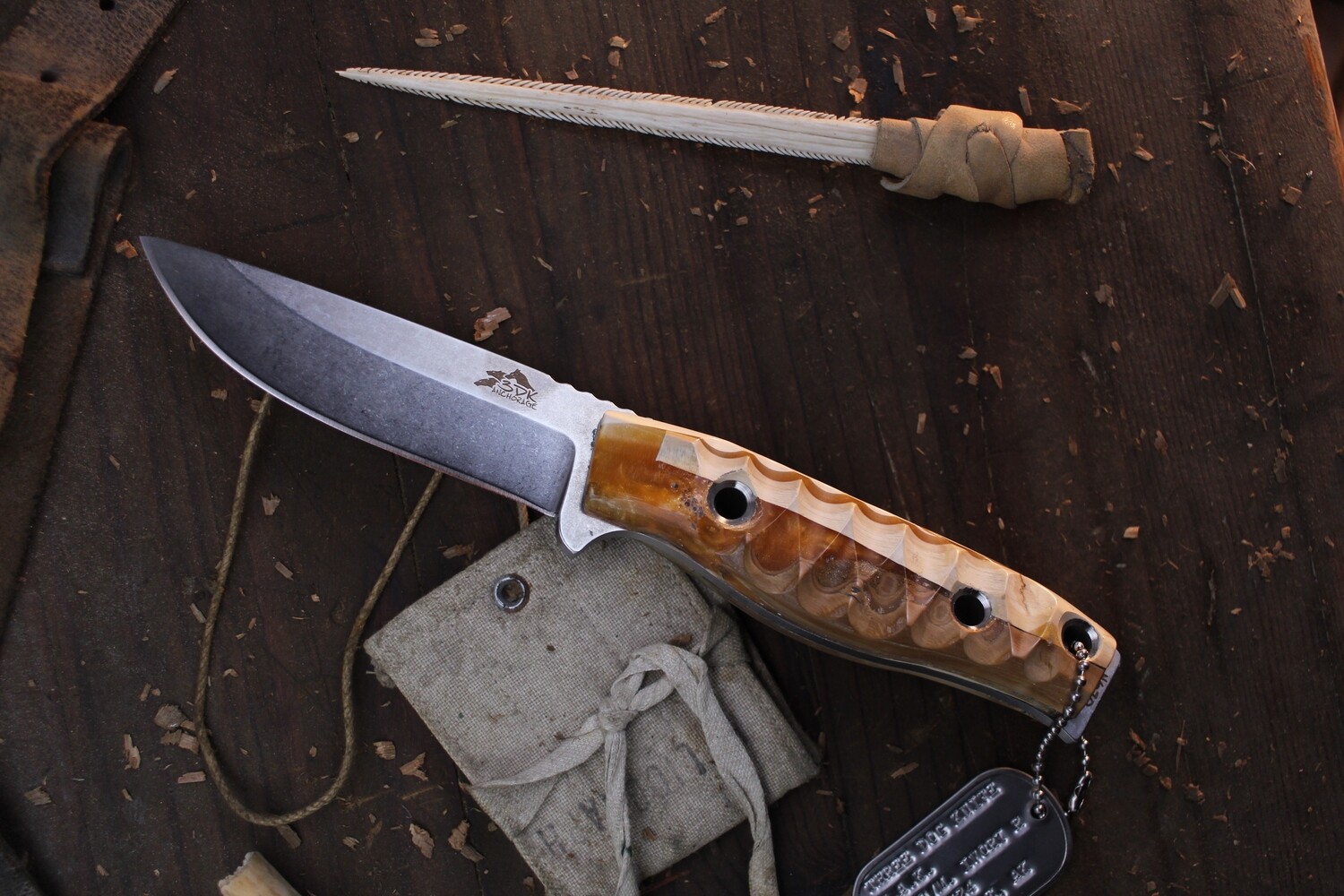 3DK MAK 4&quot; Fixed Drop Point, M390 Blade / Composite Mammoth Ivory &amp; Amber Resin