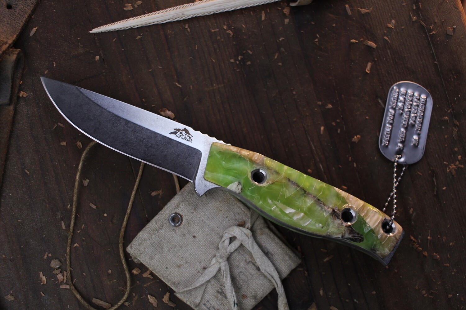 3DK MAK 4&quot; Fixed Drop Point, K110 Blade / Composite Musk Ox Horn &amp; Sea Green Resin Handle