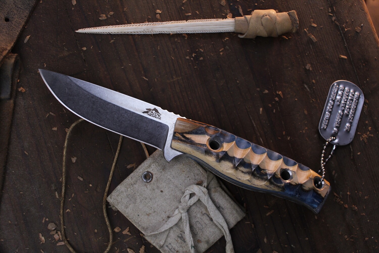 3DK MAK 4&quot; Fixed Drop Point, M390 Blade / Composite Mammoth Ivory &amp; Neptune Blue Resin