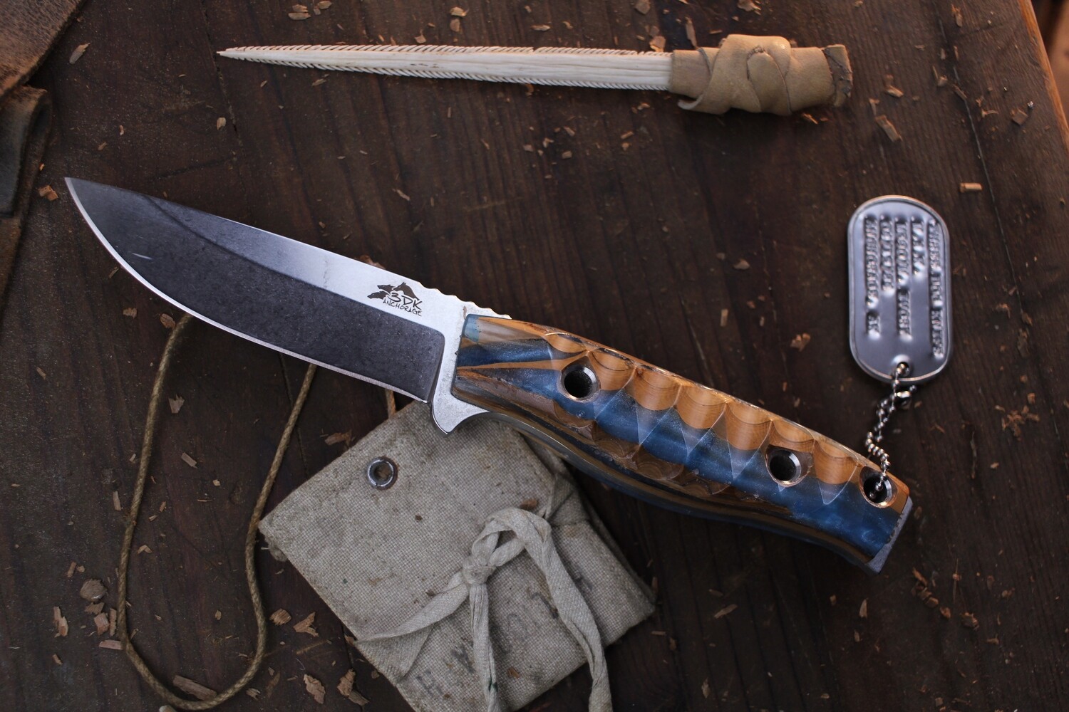 3DK MAK 4&quot; Fixed Drop Point, K110 Blade / Composite Mammoth Ivory &amp; Neptune Blue Resin