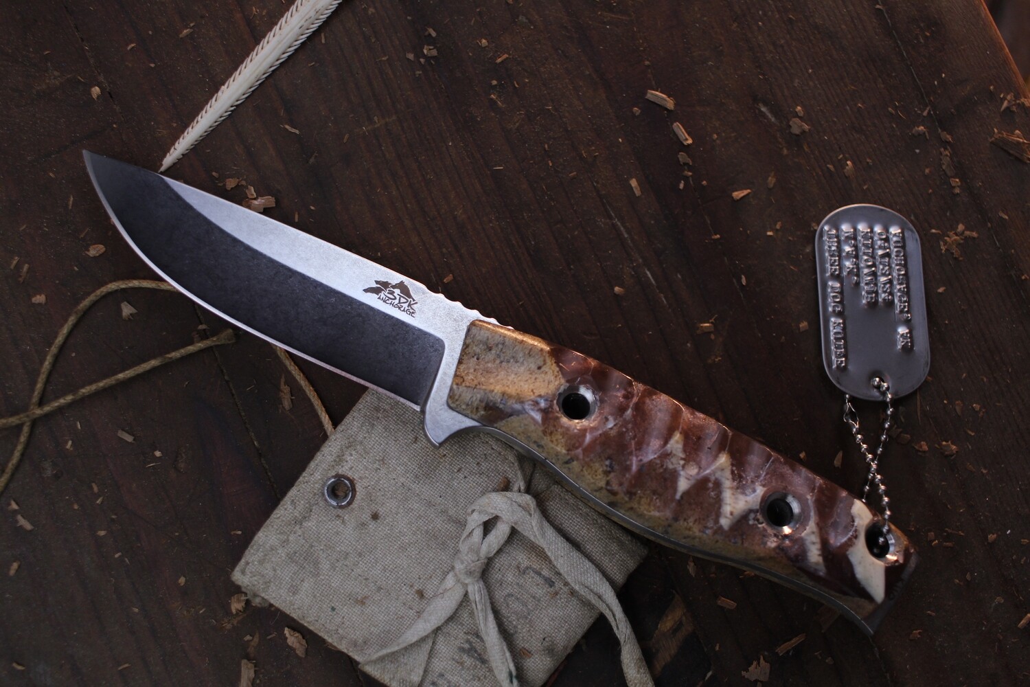 3DK MAK 4&quot; Fixed Drop Point, K110 Blade / Composite Whale Bone &amp; Amber Resin