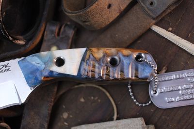 3DK Riot 3.7&quot; Fixed Tanto Point, K110 Blade / Composite Mammoth Ivory &amp; Neptune Blue Resin Handle