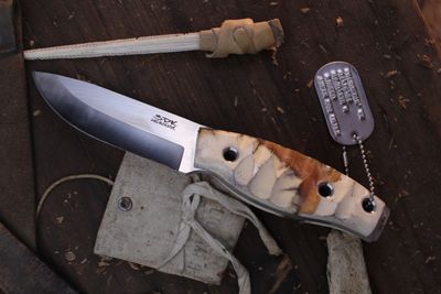 3DK Fuukko 3.75&quot; Fixed Scandi, N690 Blade / Composite Walrus Jaw Bone &amp; Amber Resin