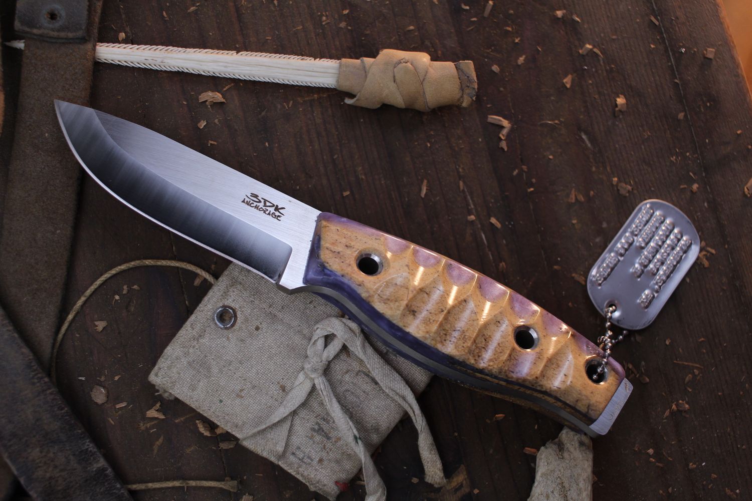3DK Fuukko 3.75&quot; Fixed Scandi, N690 Blade / Composite Walrus Jaw Bone &amp; Mystique Purple Resin