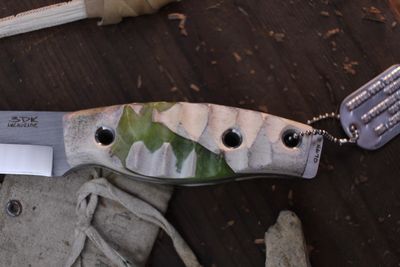 3DK Fuukko 3.75" Fixed Scandi, N690 Blade / Composite Caribou ( Reindeer ) &amp; Sea Green Resin