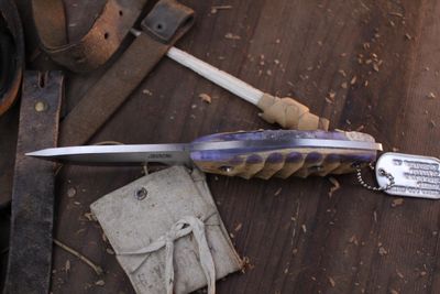 3DK Fuukko 3.75" Fixed Scandi, N690 Blade / Composite Walrus Jaw Bone &amp; Mystique Purple Resin