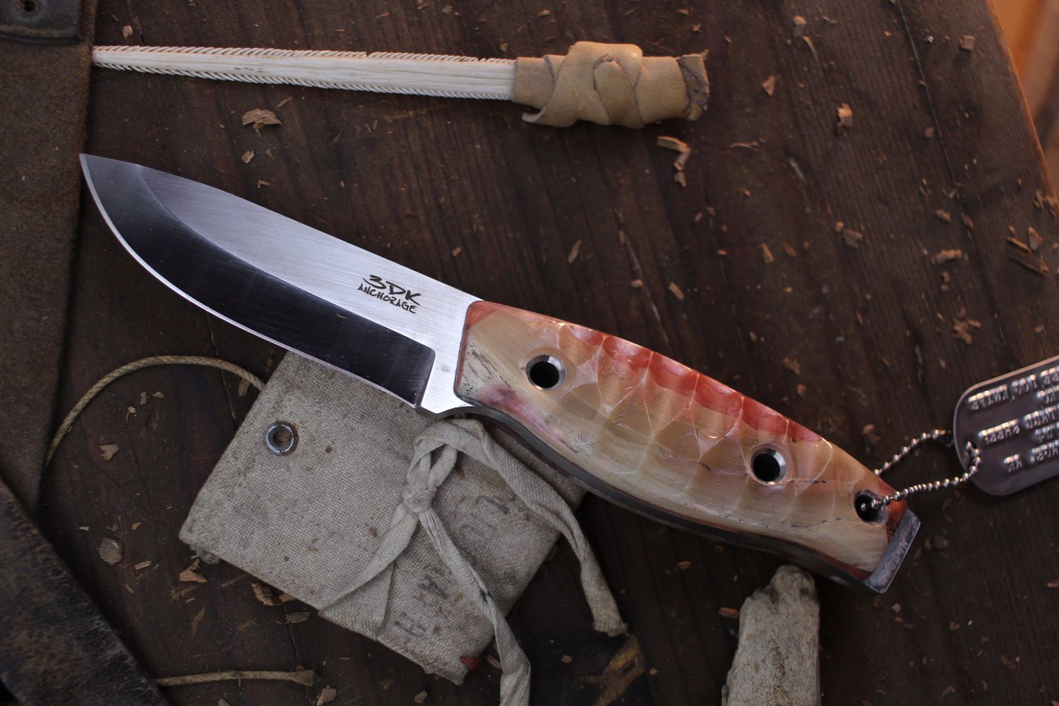 3DK Fuukko 3.75&quot; Fixed Scandi, N690 Blade / Composite Dall Sheep Horn &amp; Mercury Red Resin Handle