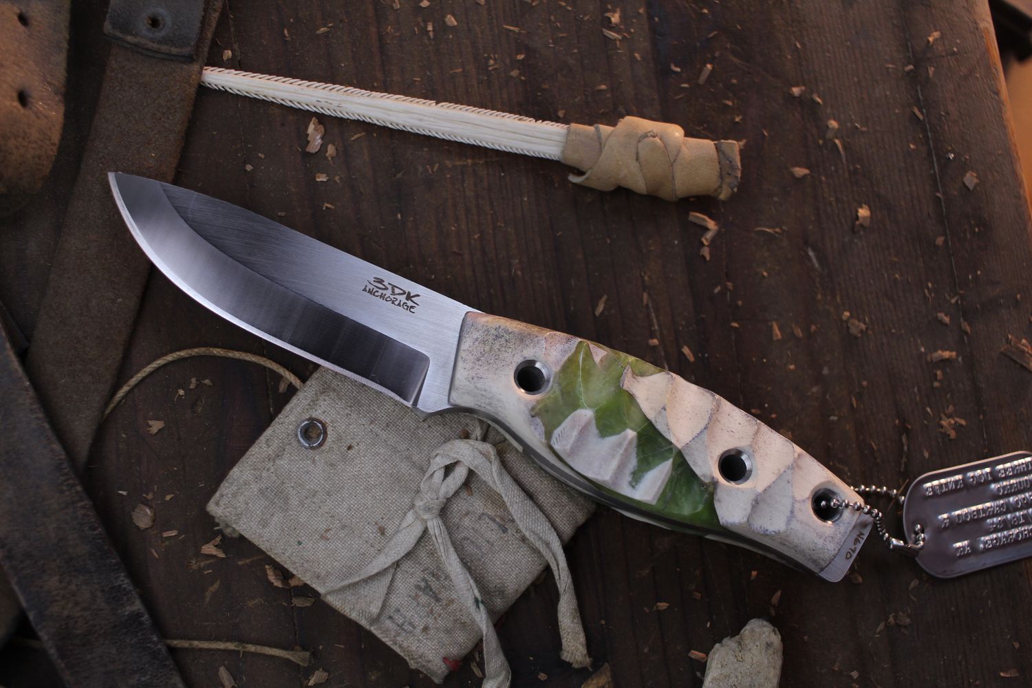 3DK Fuukko 3.75&quot; Fixed Scandi, N690 Blade / Composite Caribou ( Reindeer ) &amp; Sea Green Resin