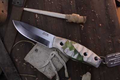 3DK Fuukko 3.75&quot; Fixed Scandi, N690 Blade / Composite Caribou ( Reindeer ) &amp; Sea Green Resin