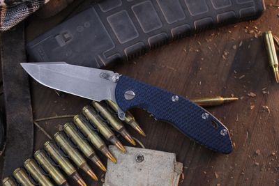 Hinderer XM-18 3.5&quot; Framelock Fliper / Black &amp; Blue G-10 With WF Titanium / Working Finish 20CV Harpoon Spanto ( Pre Owned )