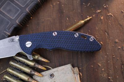 Hinderer XM-18 3.5&quot; Framelock Fliper / Black &amp; Blue G-10 With WF Titanium / Working Finish 20CV Harpoon Spanto ( Pre Owned )