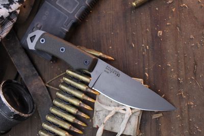 Falcon Knives Jump Master 4.5” Fixed Blade Combat Knife / OD Green Micarta &amp; Black G-10 Liners / Gray 52100