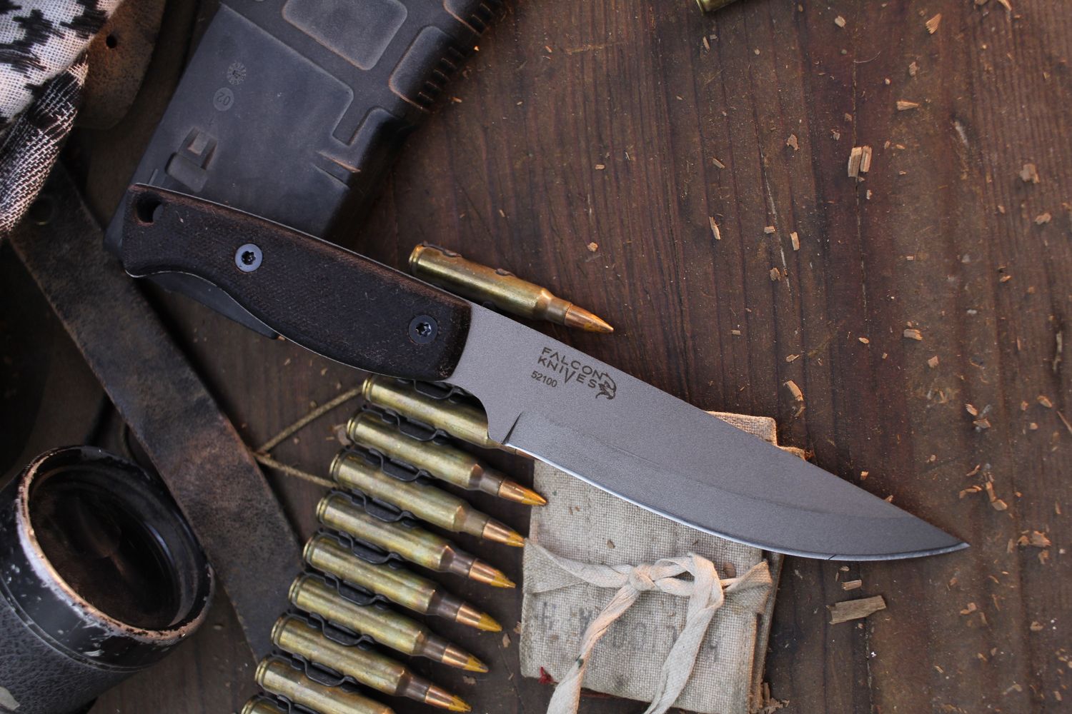 Falcon Knives Bushcraft 4.5” Survival Knife / Black Canvas Micarta / Gray 52100