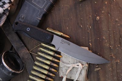 Falcon Knives Bushcraft 4.5” Survival Knife / Black Canvas Micarta / Gray 52100