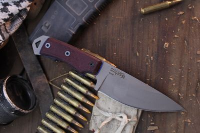 Falcon Knives Jump Master 4.5” Fixed Blade Combat Knife / Burgandy Micarta &amp; Blue G-10 Liners / Gray 52100