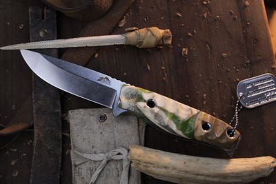 3DK MAK 4&quot; Fixed Drop Point, M390 Blade / Composite Caribou (Reindeer) Antler &amp; Sea Green Resin