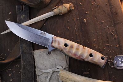 3DK MAK 4&quot; Fixed Drop Point, K110 Blade / Composite Dall Sheep Horn &amp; Mercury Red Resin Handle