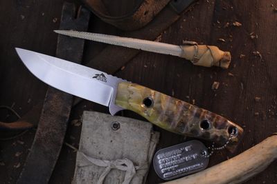 3DK MAK 4&quot; Fixed Drop Point, M390 Blade / Composite Musk Ox Horn &amp; Amber Resin Handle