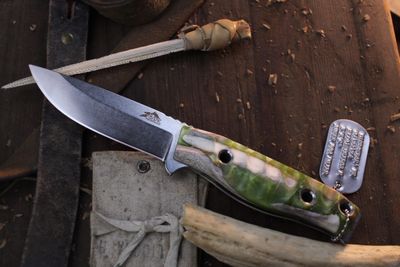 3DK MAK 4&quot; Fixed Drop Point, K110 Blade / Composite Caribou (Reindeer) Antler &amp; Sea Green Resin